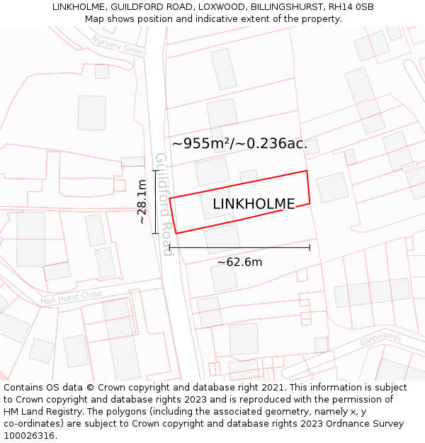 LINKHOLME, GUILDFORD ROAD, LOXWOOD, BILLINGSHURST, RH14 0SB: Plot and title map