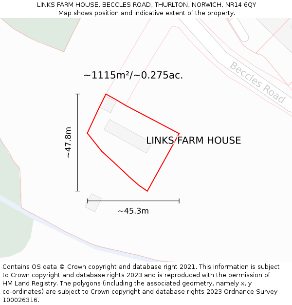 LINKS FARM HOUSE, BECCLES ROAD, THURLTON, NORWICH, NR14 6QY: Plot and title map