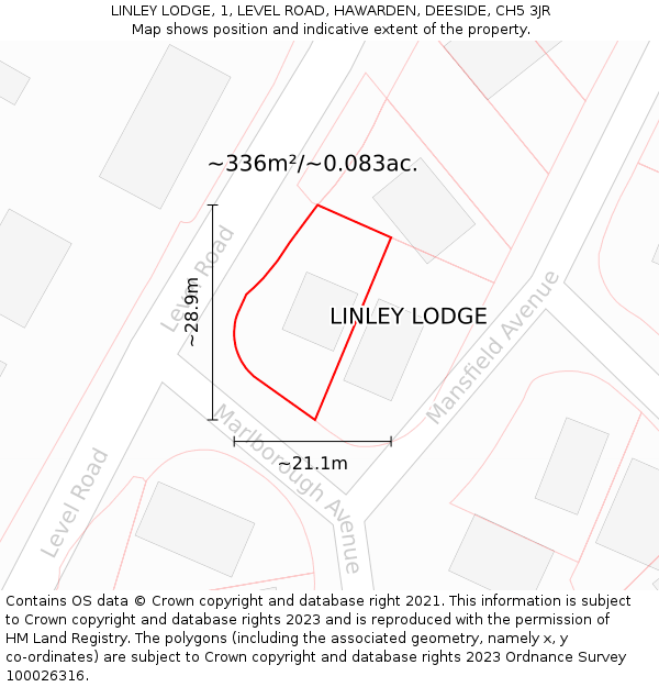 LINLEY LODGE, 1, LEVEL ROAD, HAWARDEN, DEESIDE, CH5 3JR: Plot and title map