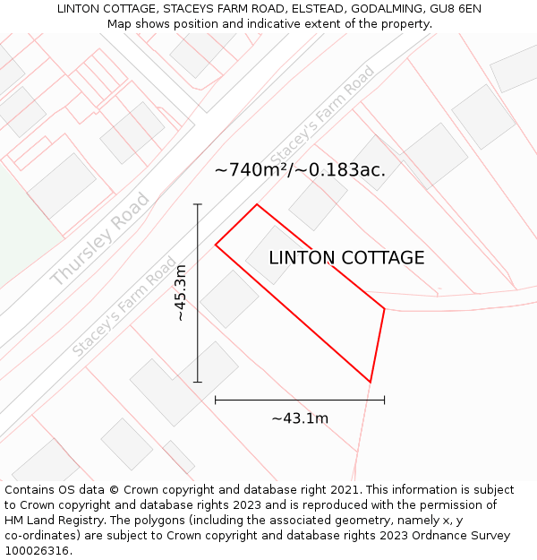 LINTON COTTAGE, STACEYS FARM ROAD, ELSTEAD, GODALMING, GU8 6EN: Plot and title map