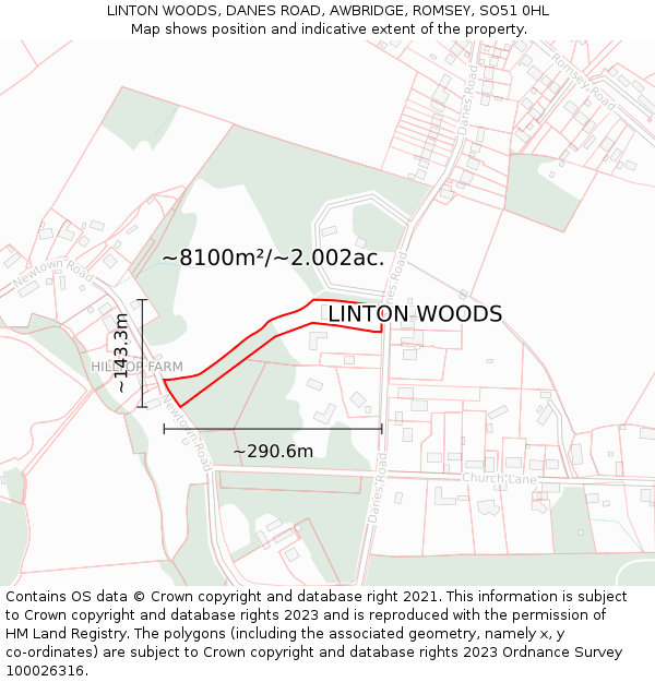 LINTON WOODS, DANES ROAD, AWBRIDGE, ROMSEY, SO51 0HL: Plot and title map