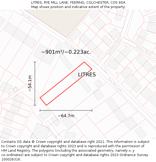 LITRES, RYE MILL LANE, FEERING, COLCHESTER, CO5 9SA: Plot and title map