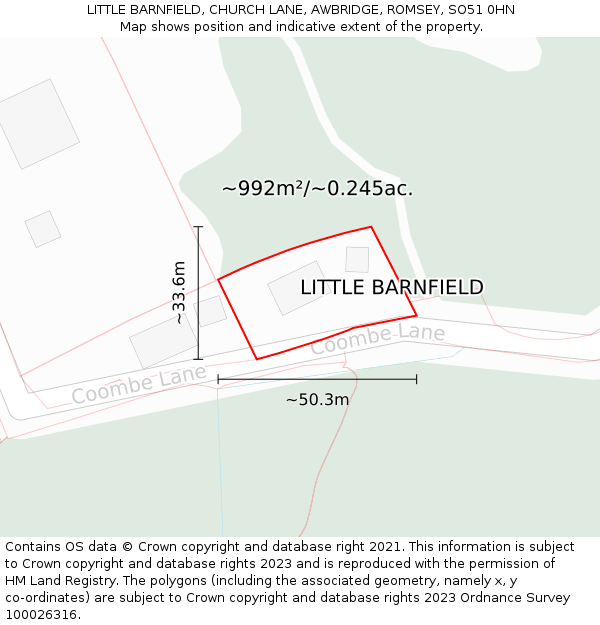 LITTLE BARNFIELD, CHURCH LANE, AWBRIDGE, ROMSEY, SO51 0HN: Plot and title map