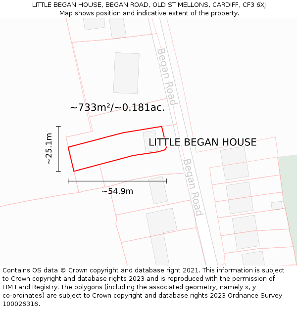 LITTLE BEGAN HOUSE, BEGAN ROAD, OLD ST MELLONS, CARDIFF, CF3 6XJ: Plot and title map