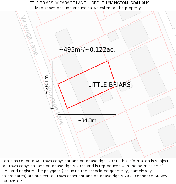 LITTLE BRIARS, VICARAGE LANE, HORDLE, LYMINGTON, SO41 0HS: Plot and title map