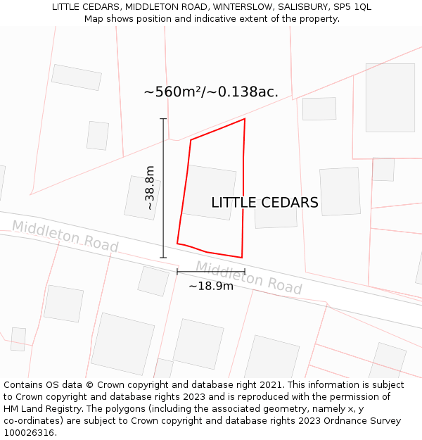 LITTLE CEDARS, MIDDLETON ROAD, WINTERSLOW, SALISBURY, SP5 1QL: Plot and title map