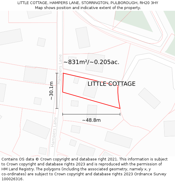 LITTLE COTTAGE, HAMPERS LANE, STORRINGTON, PULBOROUGH, RH20 3HY: Plot and title map