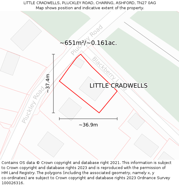 LITTLE CRADWELLS, PLUCKLEY ROAD, CHARING, ASHFORD, TN27 0AG: Plot and title map