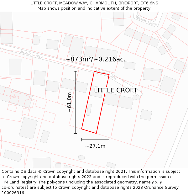 LITTLE CROFT, MEADOW WAY, CHARMOUTH, BRIDPORT, DT6 6NS: Plot and title map