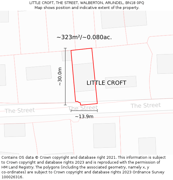 LITTLE CROFT, THE STREET, WALBERTON, ARUNDEL, BN18 0PQ: Plot and title map