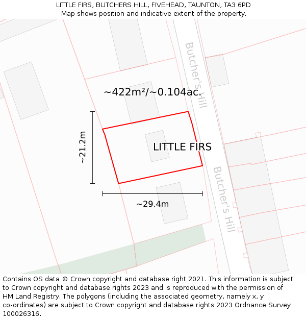 LITTLE FIRS, BUTCHERS HILL, FIVEHEAD, TAUNTON, TA3 6PD: Plot and title map