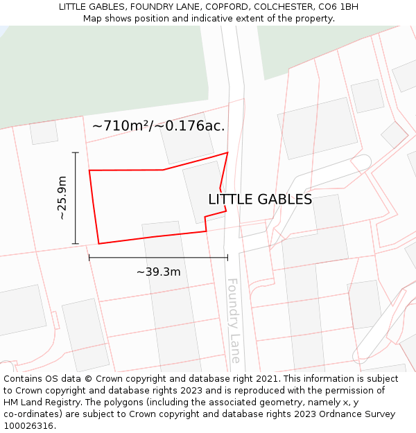 LITTLE GABLES, FOUNDRY LANE, COPFORD, COLCHESTER, CO6 1BH: Plot and title map