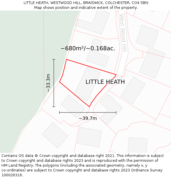 LITTLE HEATH, WESTWOOD HILL, BRAISWICK, COLCHESTER, CO4 5BN: Plot and title map