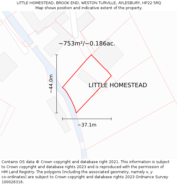 LITTLE HOMESTEAD, BROOK END, WESTON TURVILLE, AYLESBURY, HP22 5RQ: Plot and title map