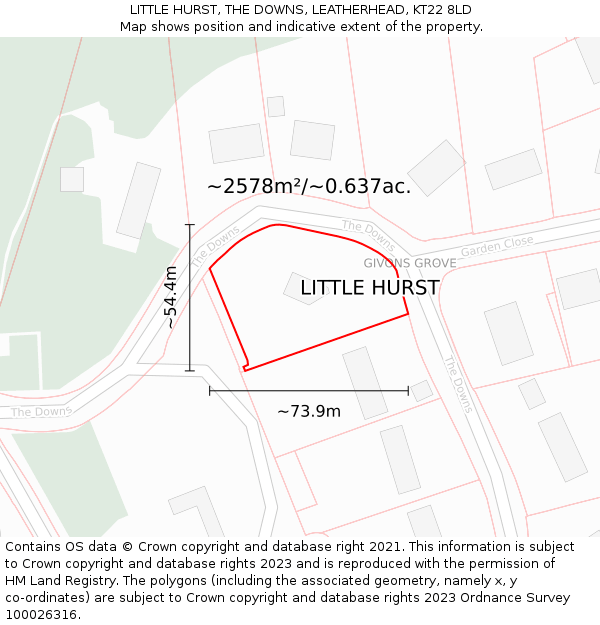 LITTLE HURST, THE DOWNS, LEATHERHEAD, KT22 8LD: Plot and title map