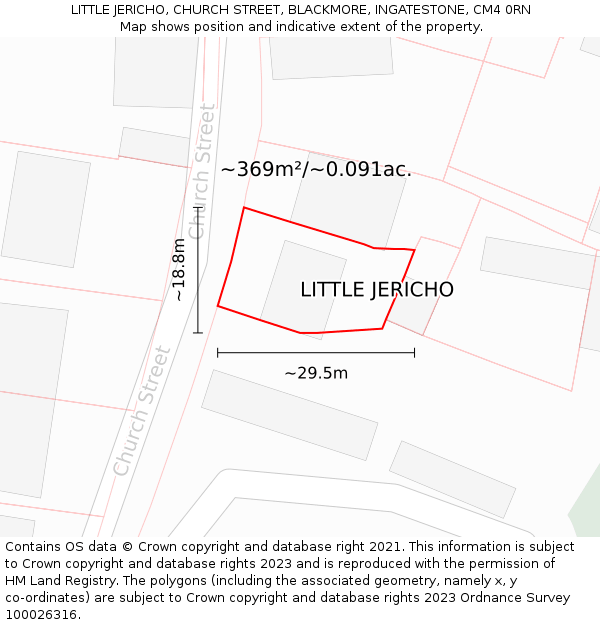 LITTLE JERICHO, CHURCH STREET, BLACKMORE, INGATESTONE, CM4 0RN: Plot and title map