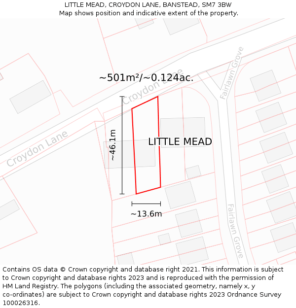LITTLE MEAD, CROYDON LANE, BANSTEAD, SM7 3BW: Plot and title map