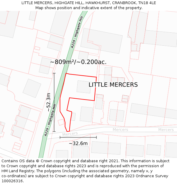 LITTLE MERCERS, HIGHGATE HILL, HAWKHURST, CRANBROOK, TN18 4LE: Plot and title map
