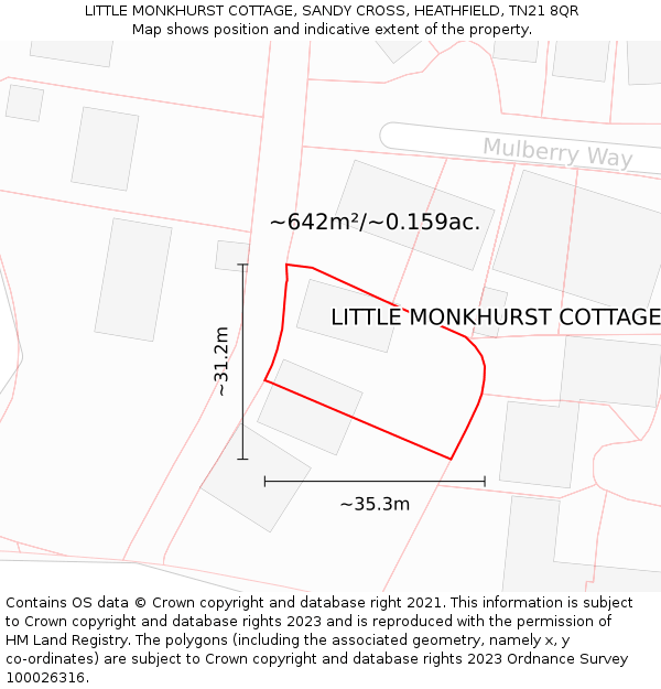 LITTLE MONKHURST COTTAGE, SANDY CROSS, HEATHFIELD, TN21 8QR: Plot and title map