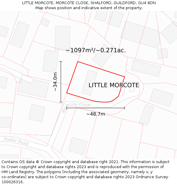 LITTLE MORCOTE, MORCOTE CLOSE, SHALFORD, GUILDFORD, GU4 8DN: Plot and title map