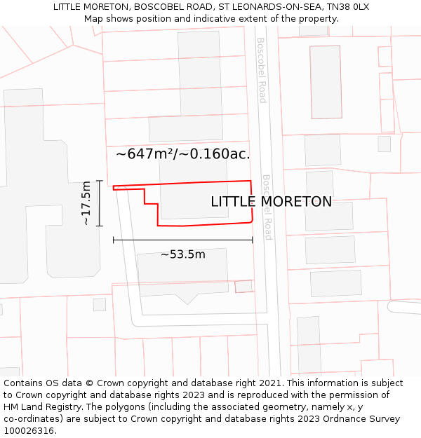LITTLE MORETON, BOSCOBEL ROAD, ST LEONARDS-ON-SEA, TN38 0LX: Plot and title map