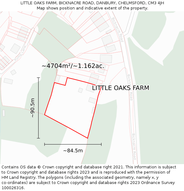 LITTLE OAKS FARM, BICKNACRE ROAD, DANBURY, CHELMSFORD, CM3 4JH: Plot and title map