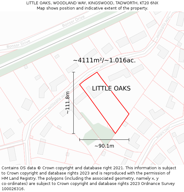 LITTLE OAKS, WOODLAND WAY, KINGSWOOD, TADWORTH, KT20 6NX: Plot and title map