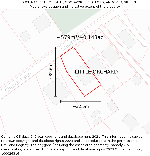 LITTLE ORCHARD, CHURCH LANE, GOODWORTH CLATFORD, ANDOVER, SP11 7HL: Plot and title map