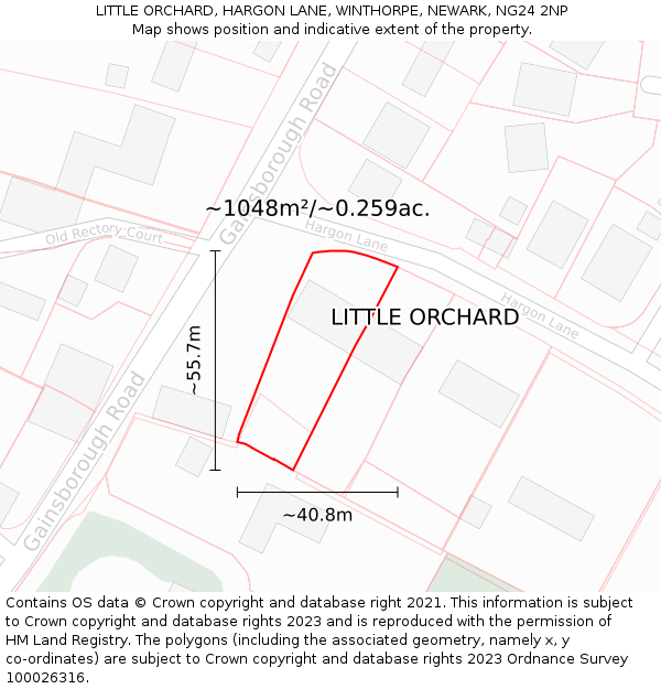 LITTLE ORCHARD, HARGON LANE, WINTHORPE, NEWARK, NG24 2NP: Plot and title map