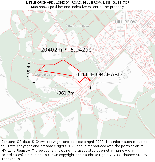 LITTLE ORCHARD, LONDON ROAD, HILL BROW, LISS, GU33 7QR: Plot and title map