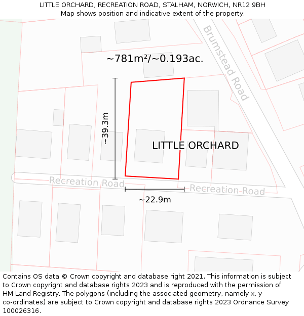 LITTLE ORCHARD, RECREATION ROAD, STALHAM, NORWICH, NR12 9BH: Plot and title map