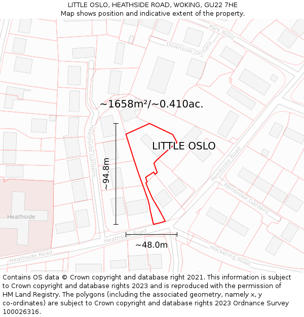 LITTLE OSLO, HEATHSIDE ROAD, WOKING, GU22 7HE: Plot and title map