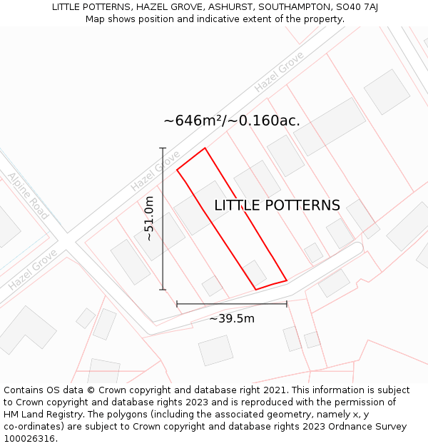 LITTLE POTTERNS, HAZEL GROVE, ASHURST, SOUTHAMPTON, SO40 7AJ: Plot and title map