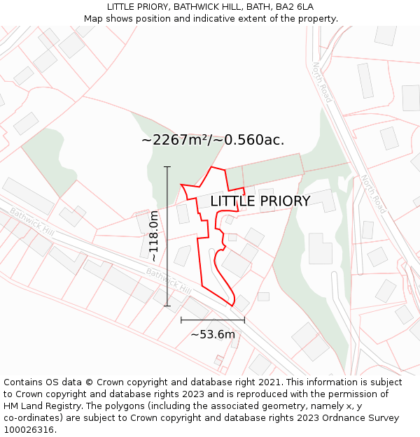 LITTLE PRIORY, BATHWICK HILL, BATH, BA2 6LA: Plot and title map