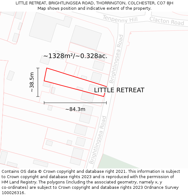 LITTLE RETREAT, BRIGHTLINGSEA ROAD, THORRINGTON, COLCHESTER, CO7 8JH: Plot and title map