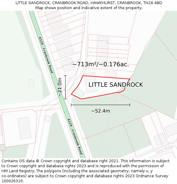 LITTLE SANDROCK, CRANBROOK ROAD, HAWKHURST, CRANBROOK, TN18 4BD: Plot and title map