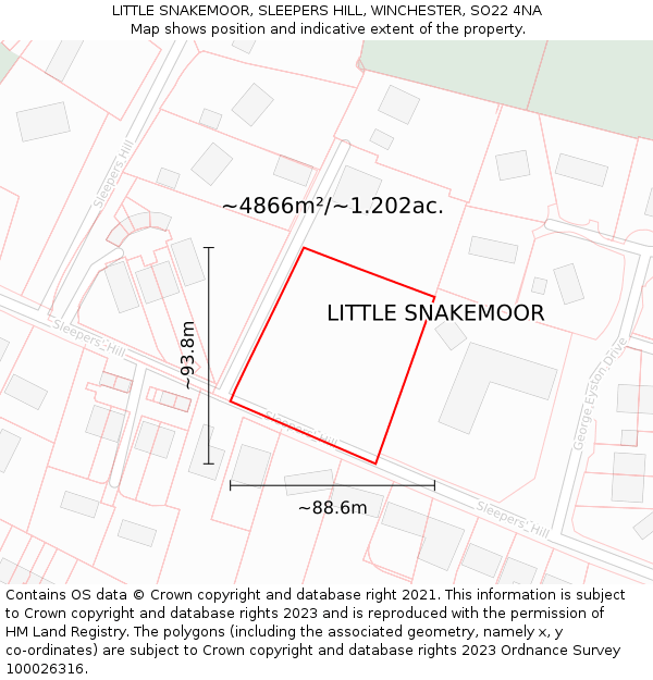 LITTLE SNAKEMOOR, SLEEPERS HILL, WINCHESTER, SO22 4NA: Plot and title map