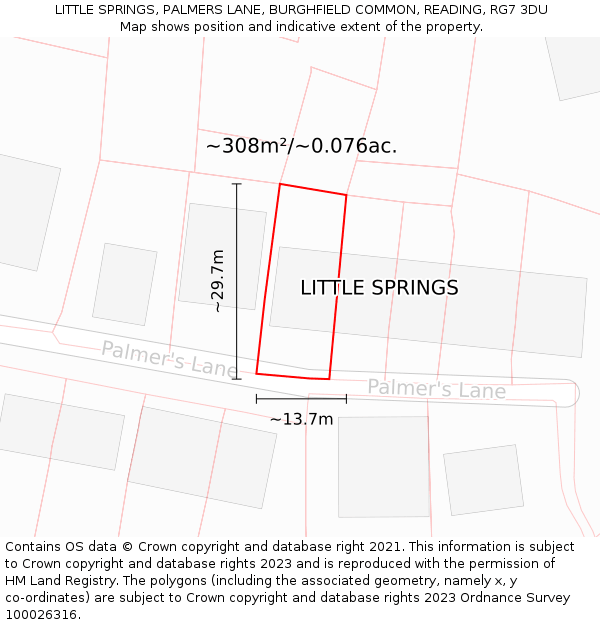 LITTLE SPRINGS, PALMERS LANE, BURGHFIELD COMMON, READING, RG7 3DU: Plot and title map