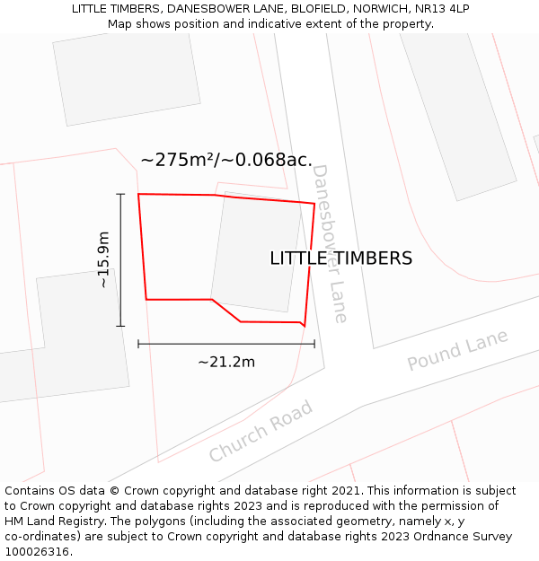 LITTLE TIMBERS, DANESBOWER LANE, BLOFIELD, NORWICH, NR13 4LP: Plot and title map