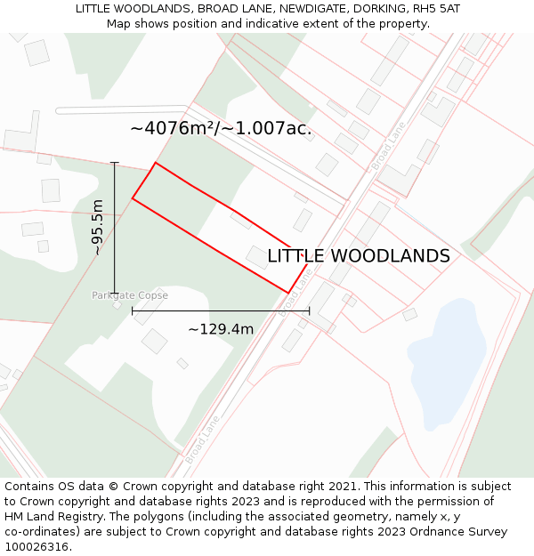 LITTLE WOODLANDS, BROAD LANE, NEWDIGATE, DORKING, RH5 5AT: Plot and title map