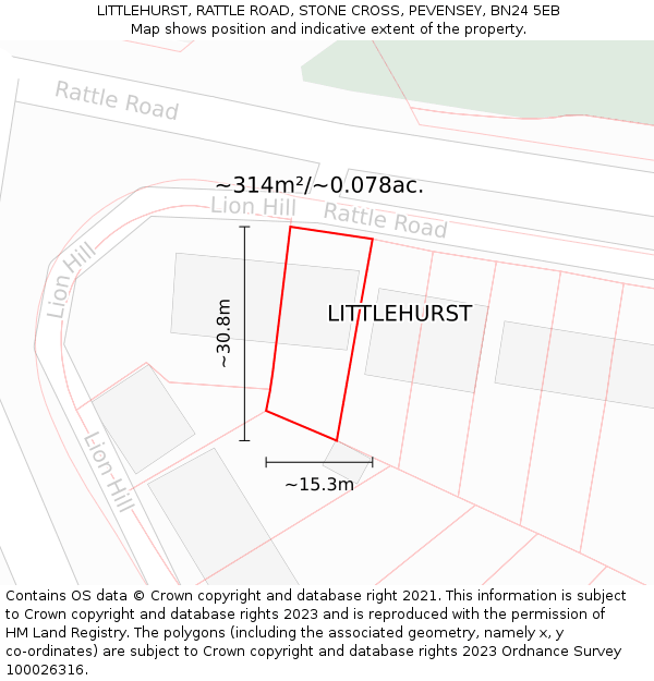 LITTLEHURST, RATTLE ROAD, STONE CROSS, PEVENSEY, BN24 5EB: Plot and title map