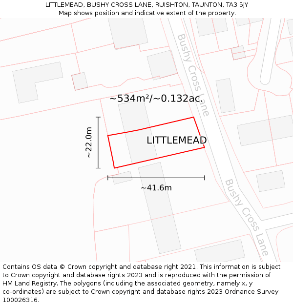 LITTLEMEAD, BUSHY CROSS LANE, RUISHTON, TAUNTON, TA3 5JY: Plot and title map