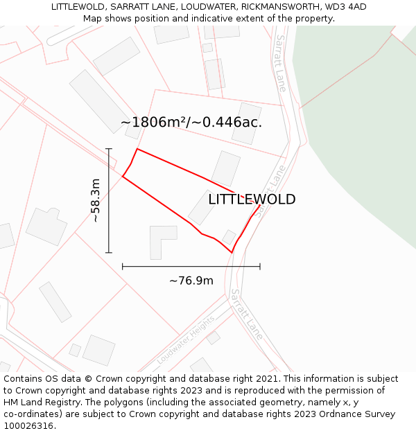 LITTLEWOLD, SARRATT LANE, LOUDWATER, RICKMANSWORTH, WD3 4AD: Plot and title map