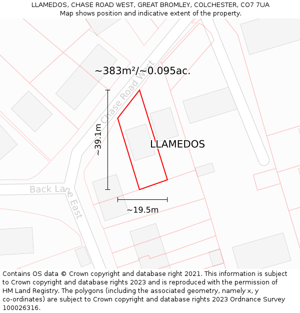 LLAMEDOS, CHASE ROAD WEST, GREAT BROMLEY, COLCHESTER, CO7 7UA: Plot and title map