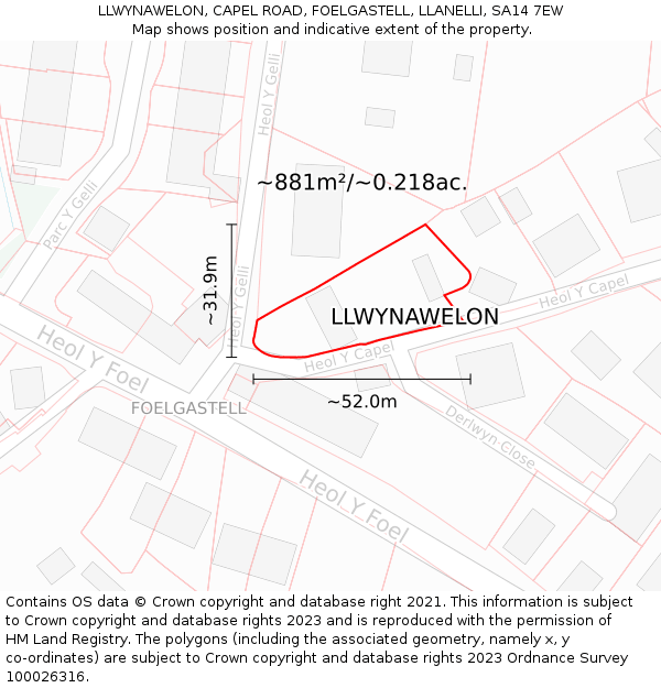 LLWYNAWELON, CAPEL ROAD, FOELGASTELL, LLANELLI, SA14 7EW: Plot and title map