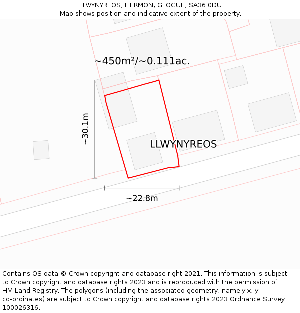 LLWYNYREOS, HERMON, GLOGUE, SA36 0DU: Plot and title map