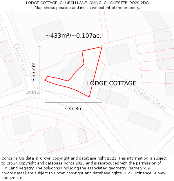 LODGE COTTAGE, CHURCH LANE, OVING, CHICHESTER, PO20 2DG: Plot and title map