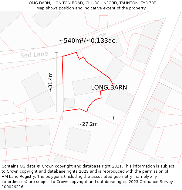 LONG BARN, HONITON ROAD, CHURCHINFORD, TAUNTON, TA3 7RF: Plot and title map
