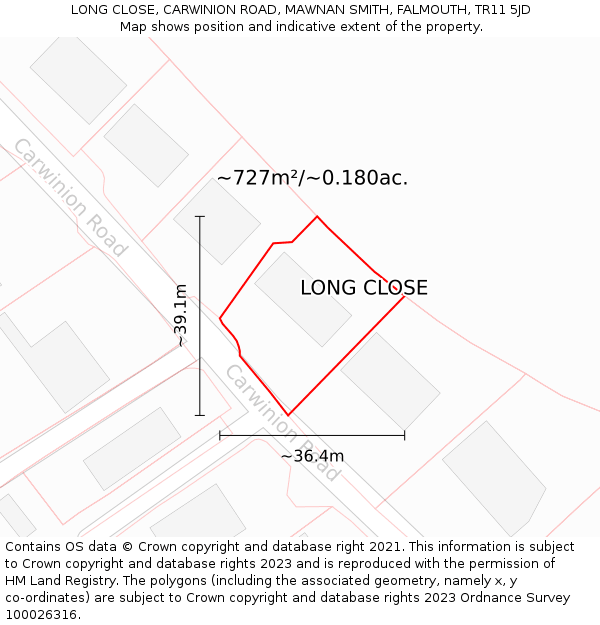 LONG CLOSE, CARWINION ROAD, MAWNAN SMITH, FALMOUTH, TR11 5JD: Plot and title map