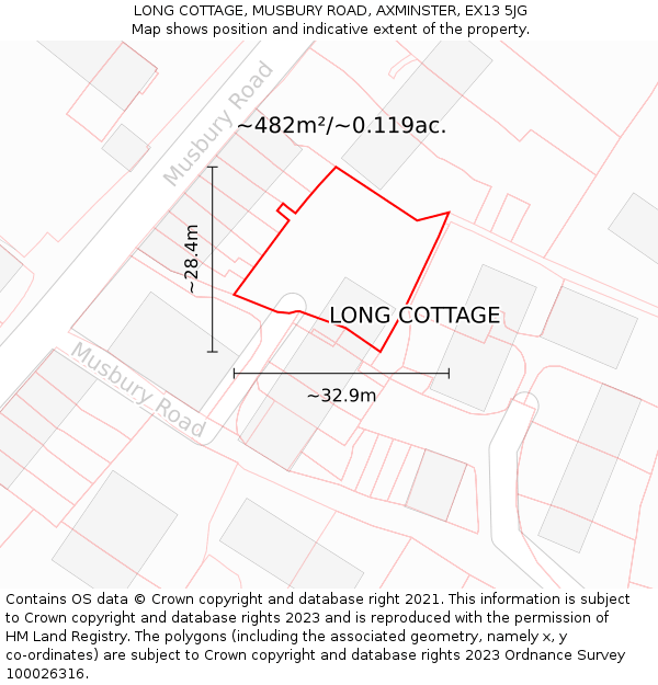 LONG COTTAGE, MUSBURY ROAD, AXMINSTER, EX13 5JG: Plot and title map